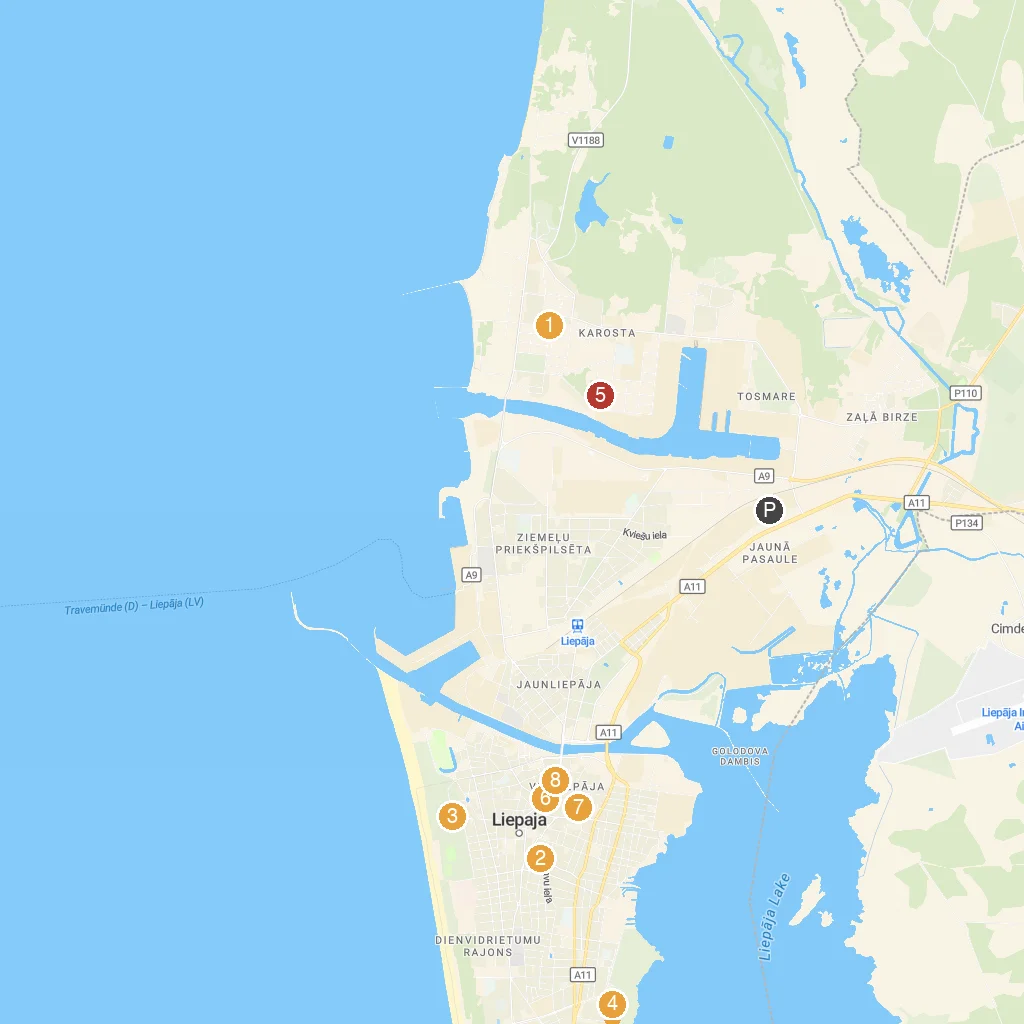 Liepāja, Latvia map with numbered points of interest