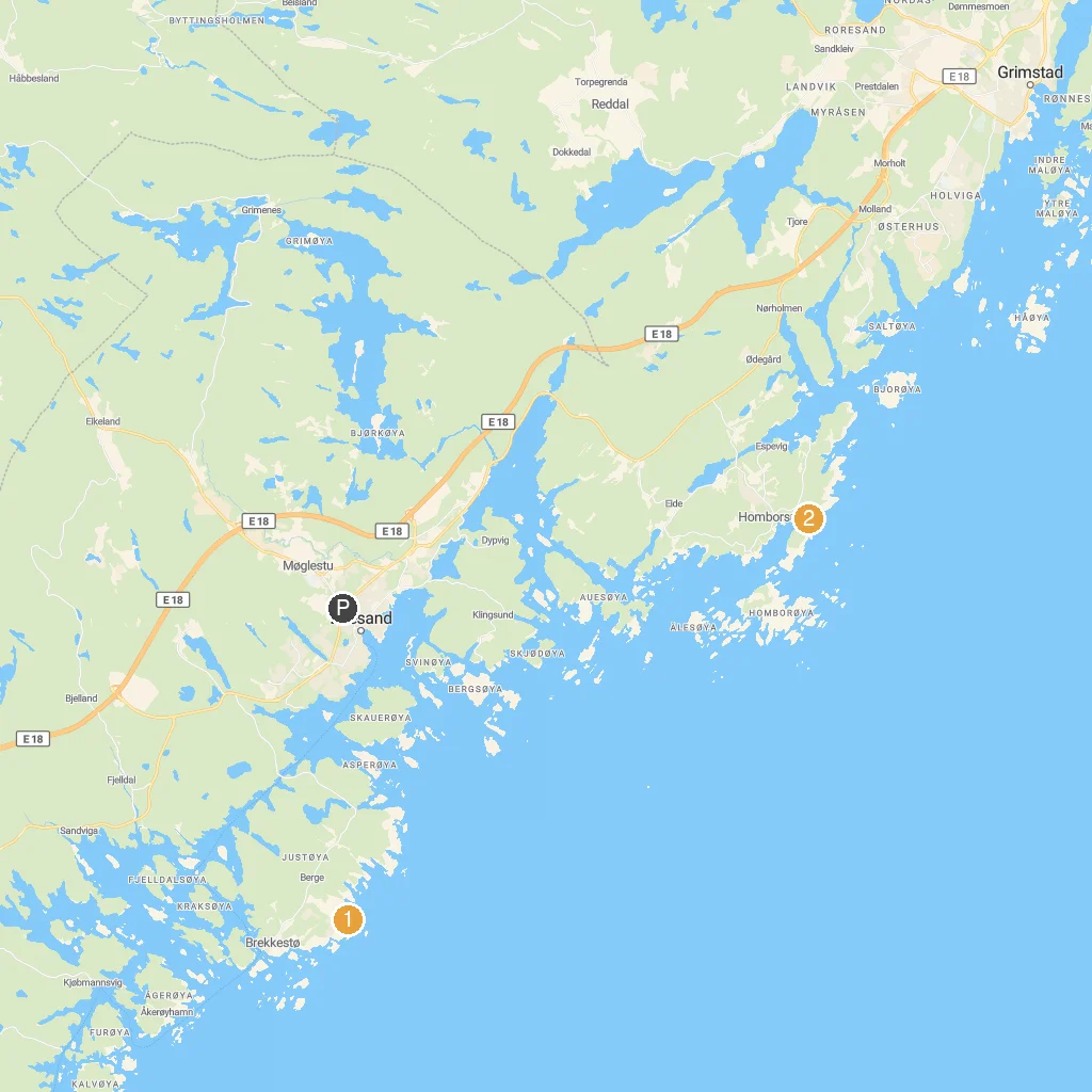 Lillesand, Agder, Norway map with numbered points of interest