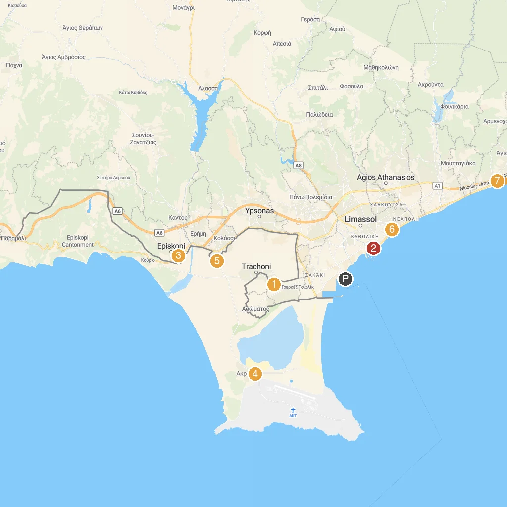 Limassol, Cyprus map with numbered points of interest