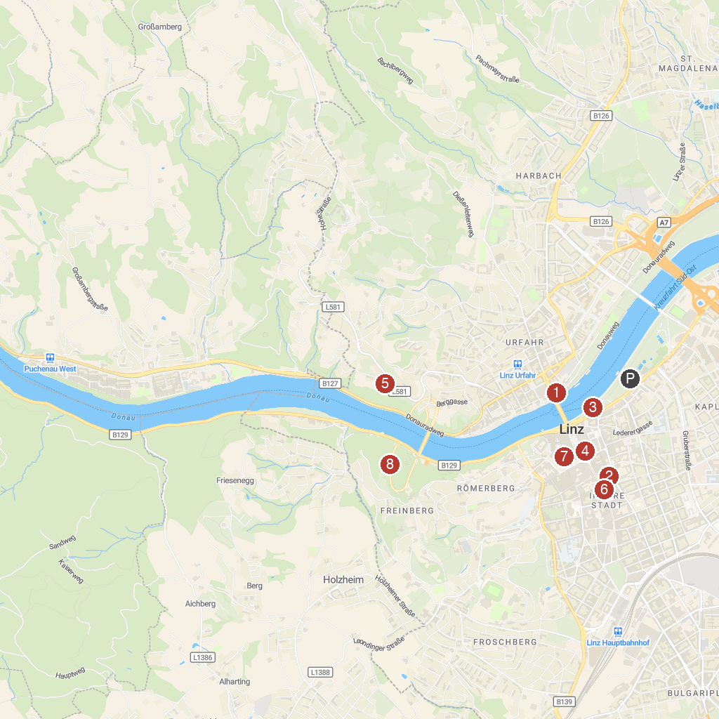 Linz, Upper Austria, Austria map with numbered points of interest