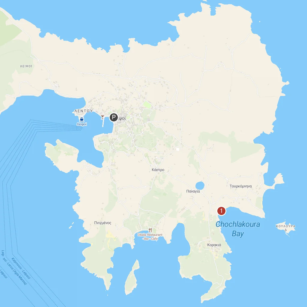 Lipsi Island, Dodecanese, Greece map with numbered points of interest