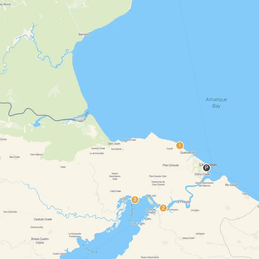 Livingston, Izabal, Guatemala map with numbered points of interest