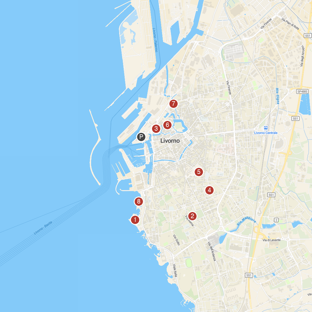 Livorno, Tuscany, Italy map with numbered points of interest