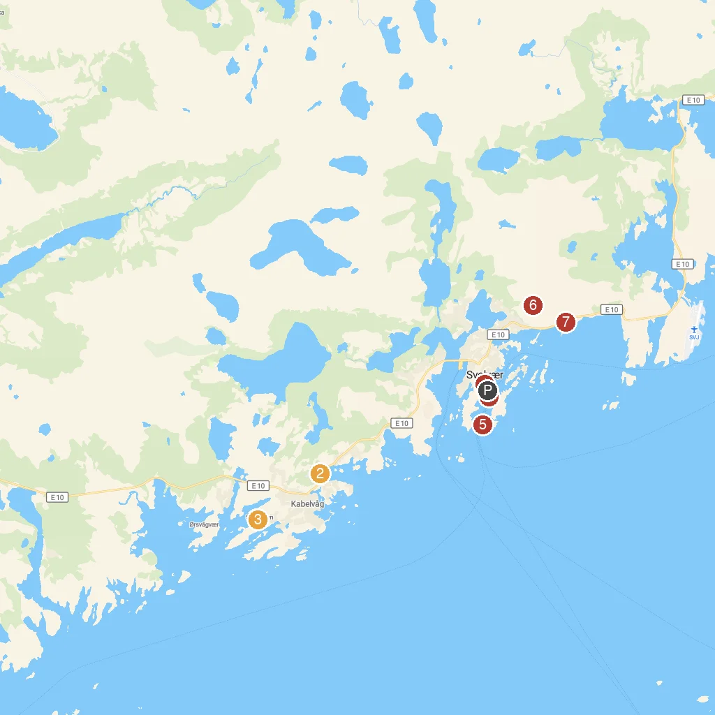 Lofoten Islands, Nordland, Norway map with numbered points of interest
