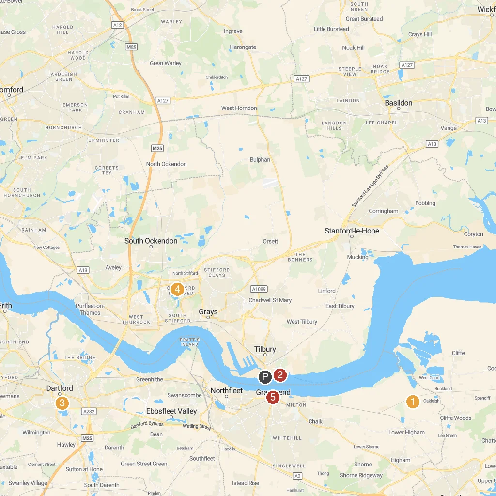 Tilbury, Essex, England map with numbered points of interest