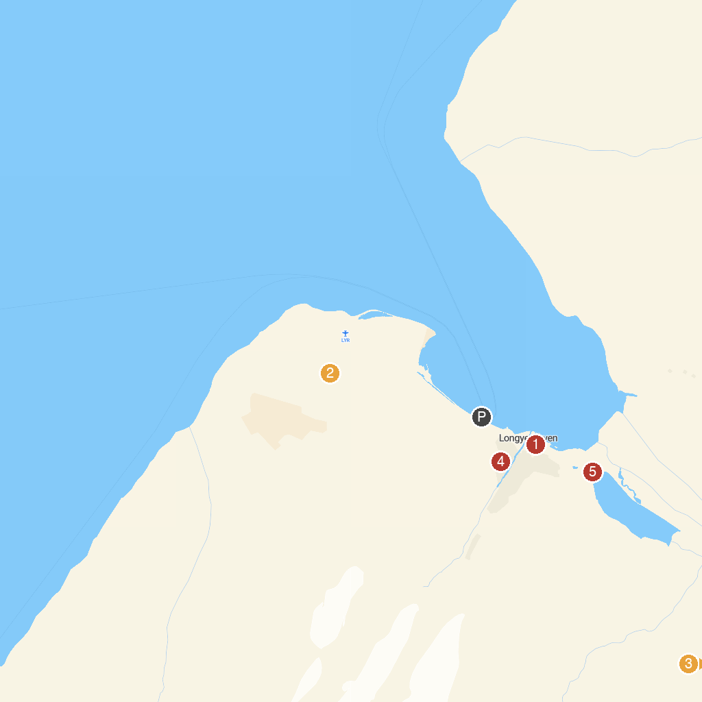 Longyearbyen, Svalbard, Norway map with numbered points of interest