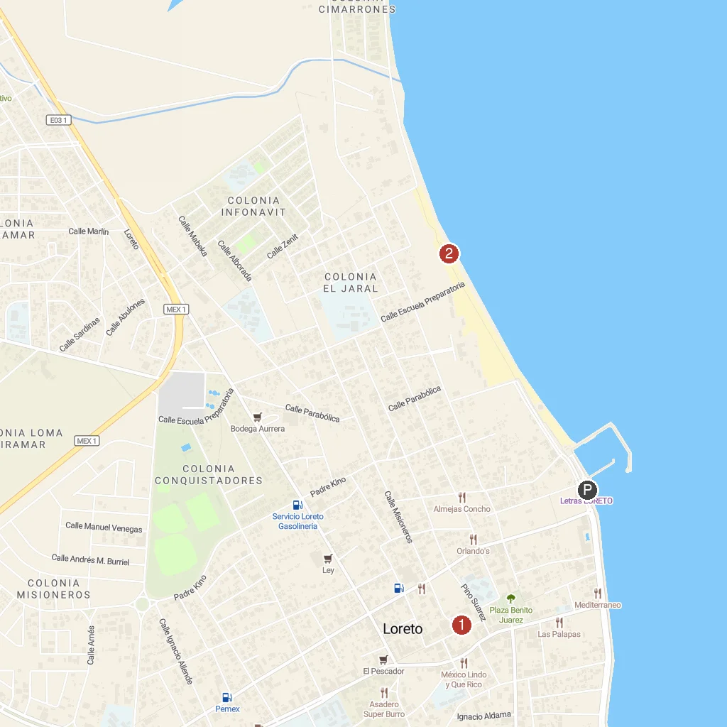 Loreto, Baja California Sur, Mexico map with numbered points of interest