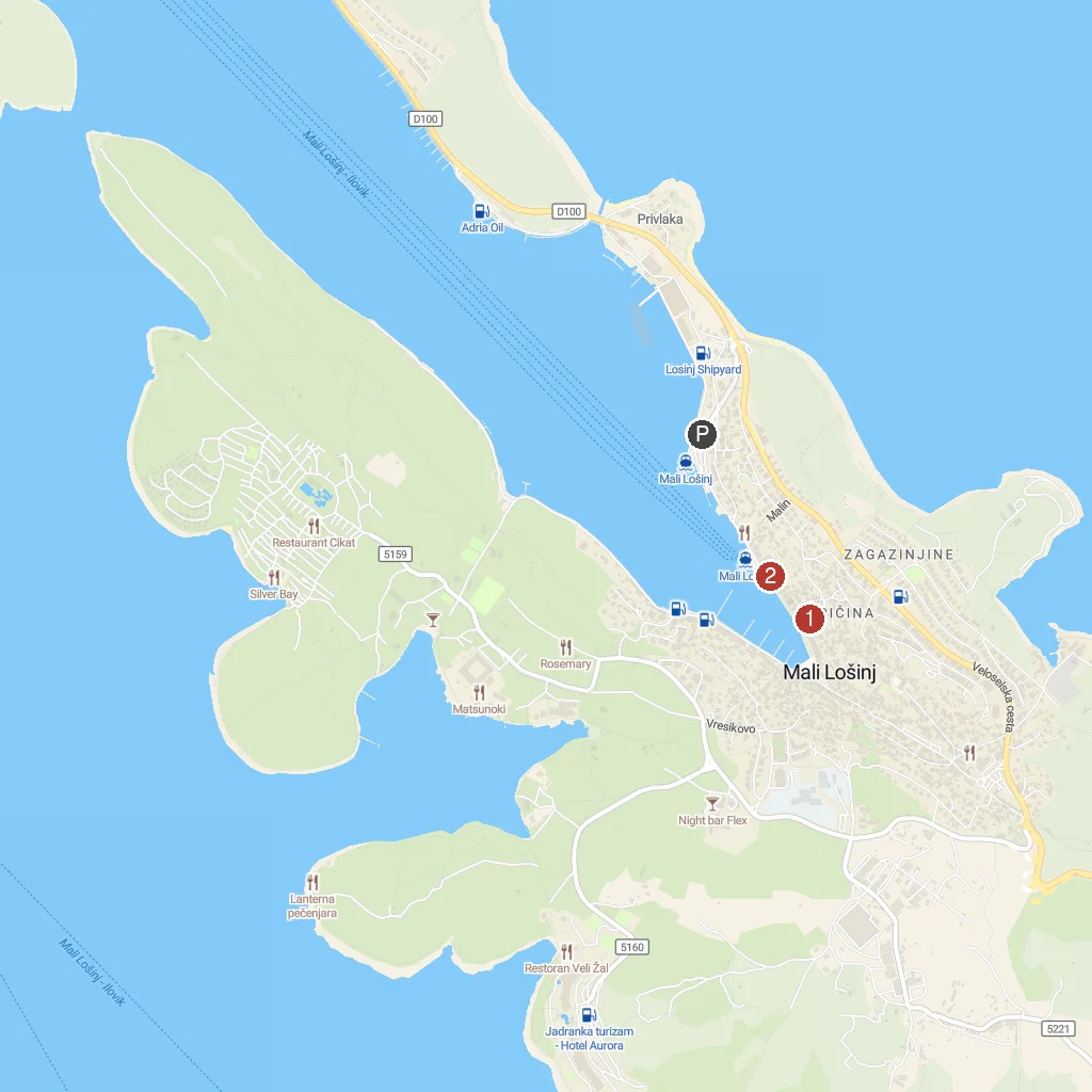 Mali Lošinj, Kvarner, Croatia map with numbered points of interest