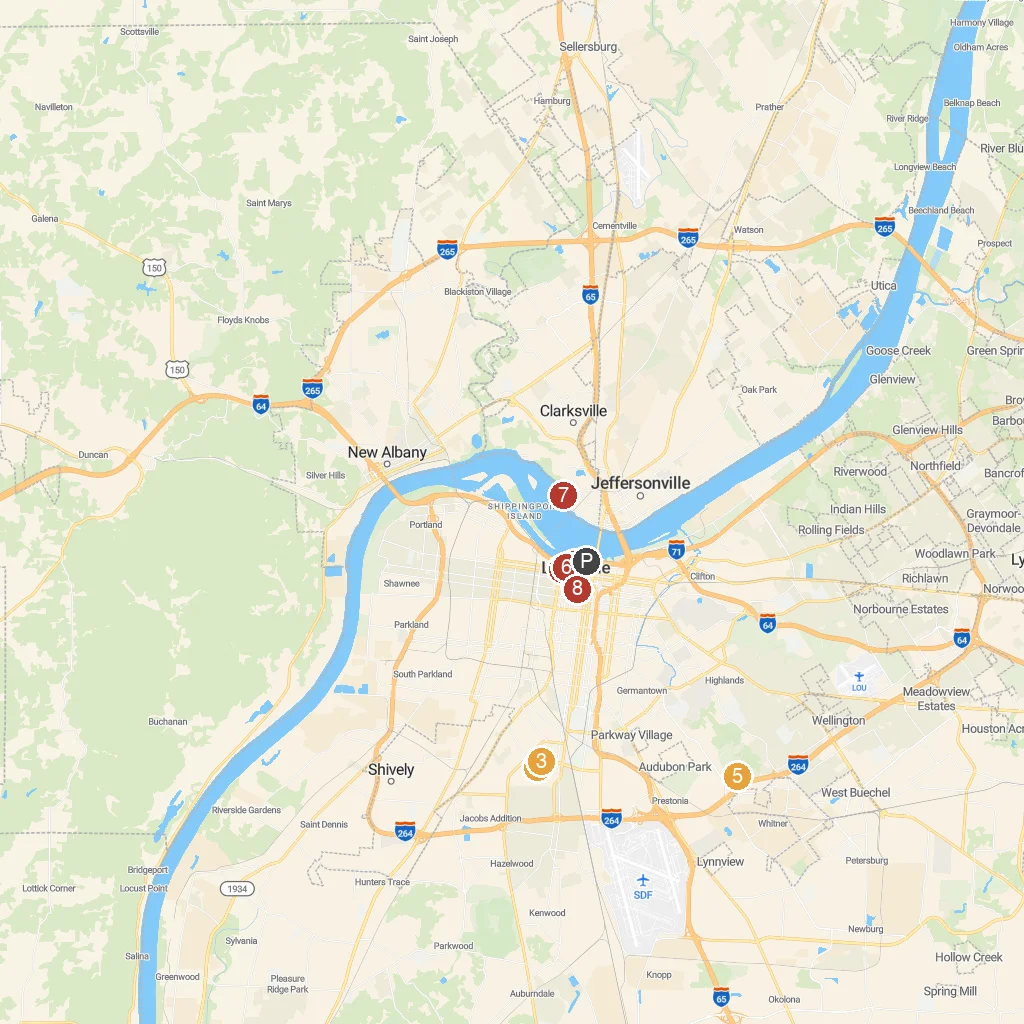 Louisville, Kentucky, USA map with numbered points of interest