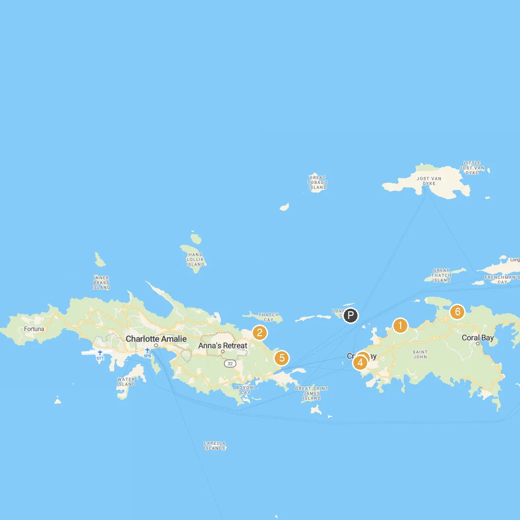 Lovango Cay, US Virgin Islands map with numbered points of interest