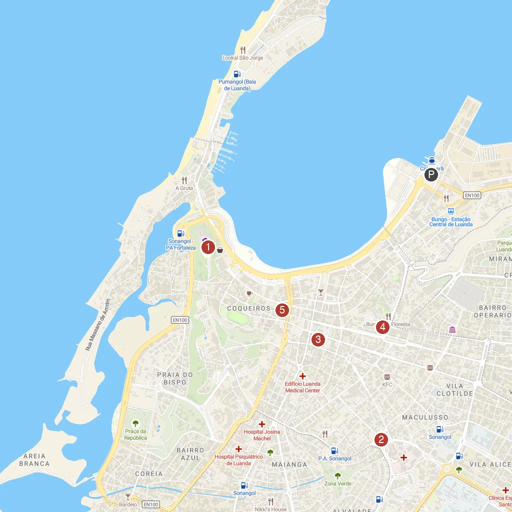 Luanda, Angola, Africa map with numbered points of interest