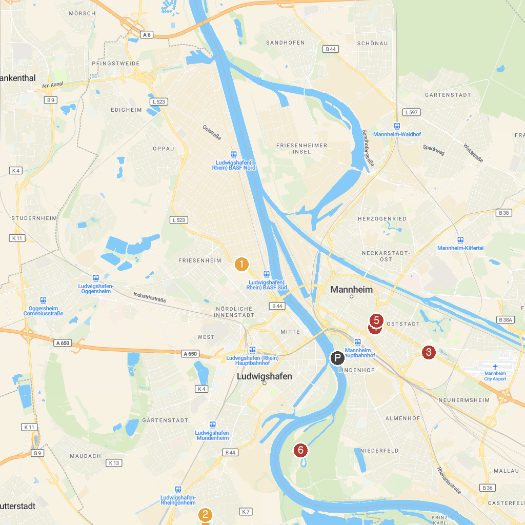 Ludwigshafen am Rhein, Rhineland-Palatinate, Germany map with numbered points of interest