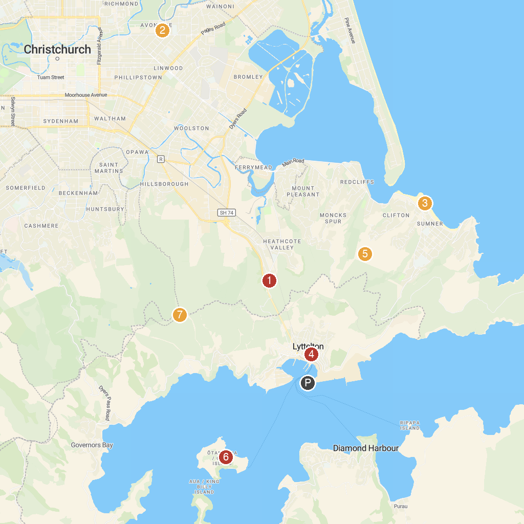 Lyttelton, Canterbury, New Zealand map with numbered points of interest