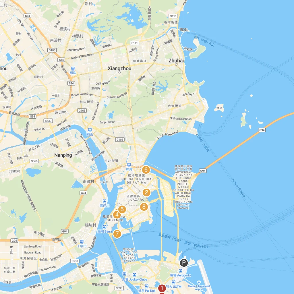 Macau, Macau SAR, China map with numbered points of interest