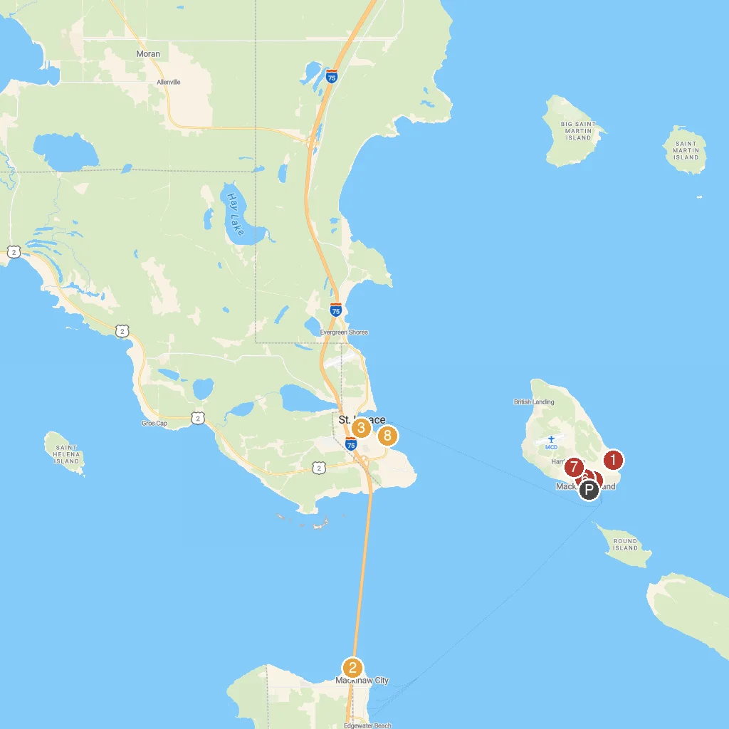 Mackinac Island, Michigan, USA map with numbered points of interest