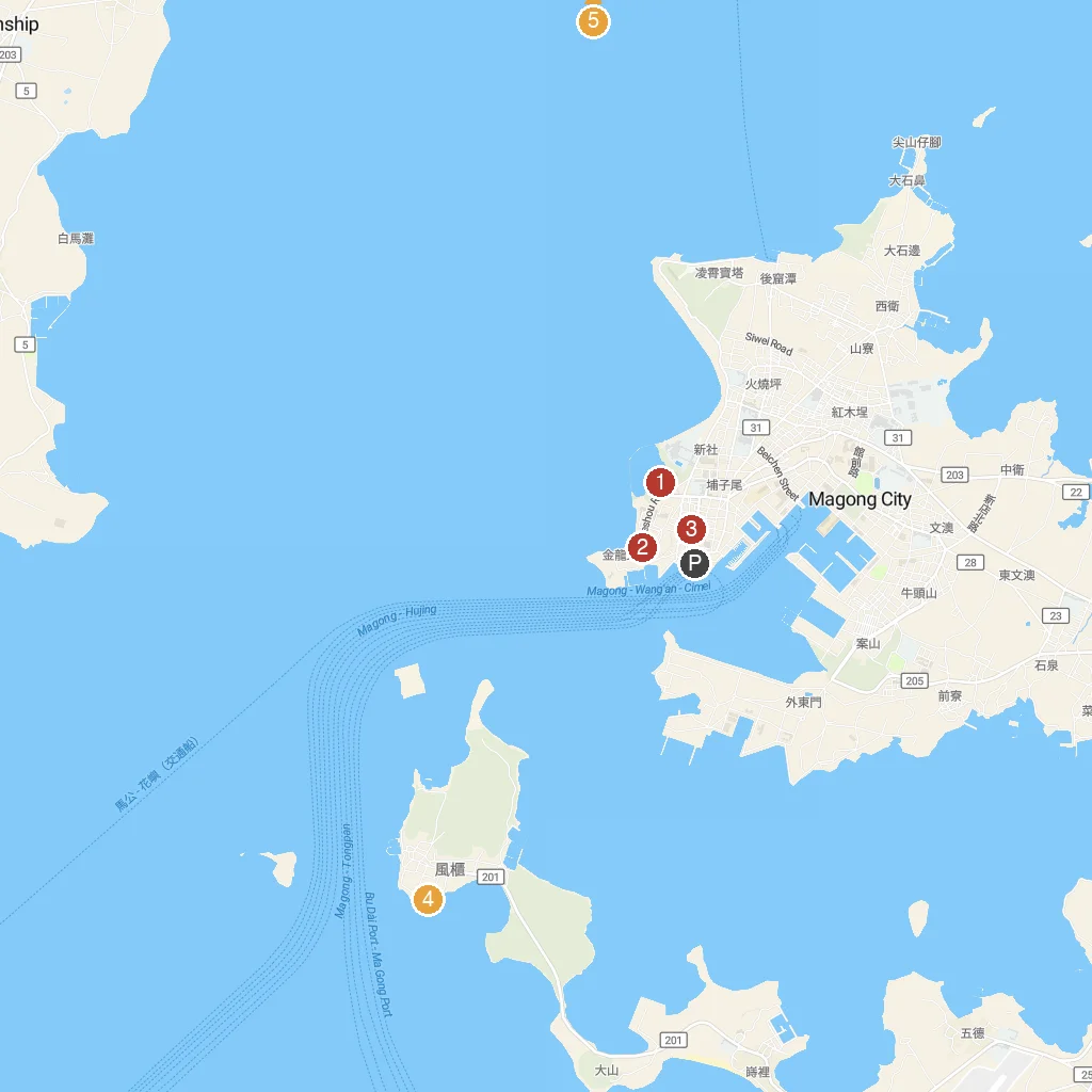 Magong, Penghu, Taiwan map with numbered points of interest