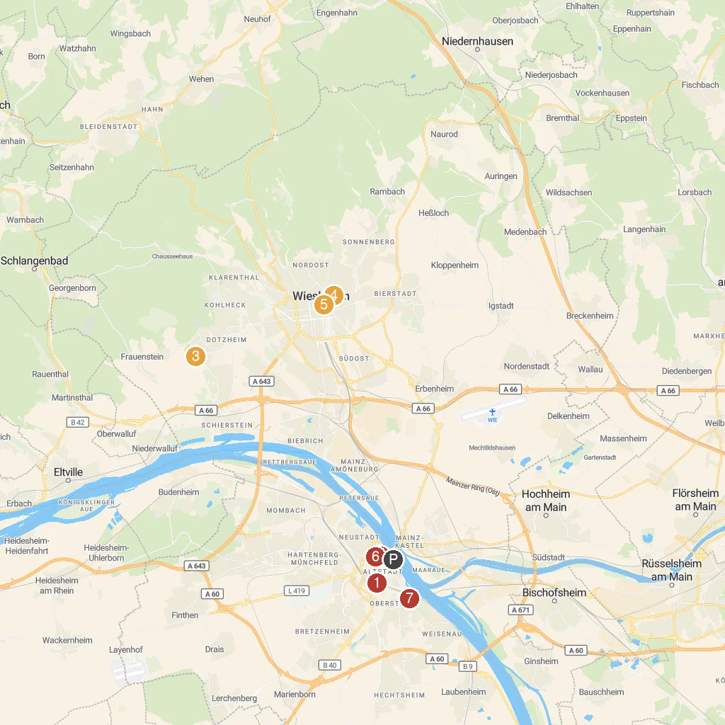 Mainz, Rhineland-Palatinate, Germany map with numbered points of interest