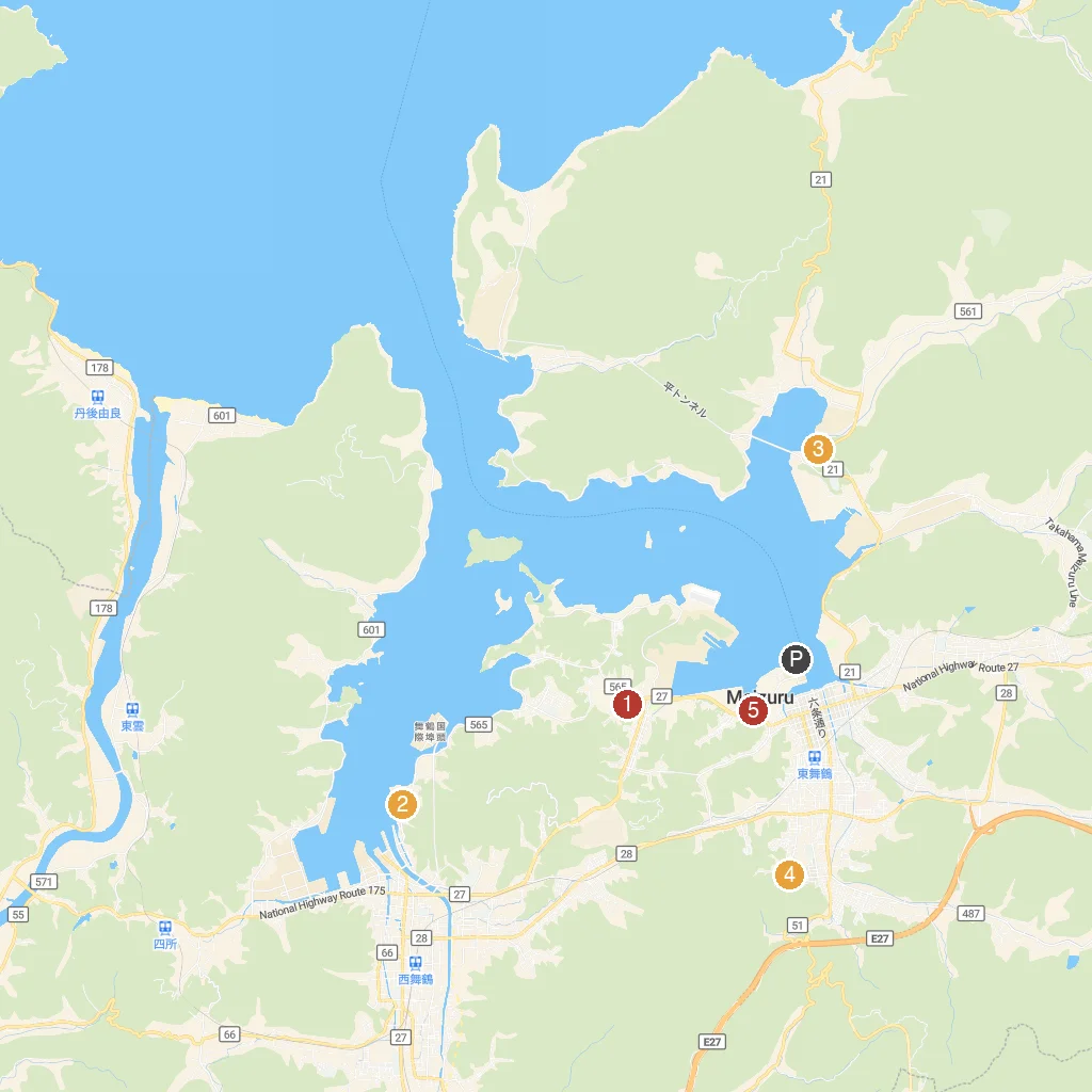 Maizuru, Kyoto Prefecture, Japan map with numbered points of interest