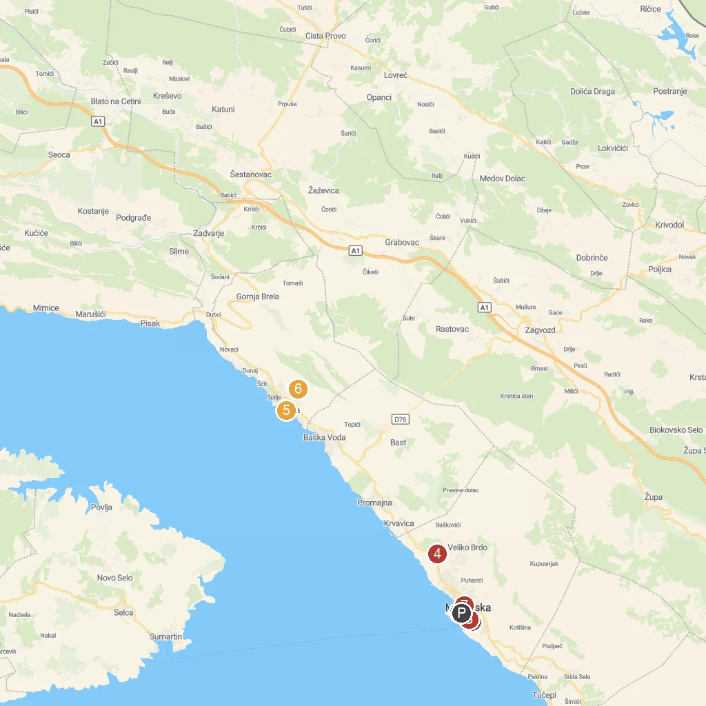 Makarska, Dalmatia, Croatia map with numbered points of interest
