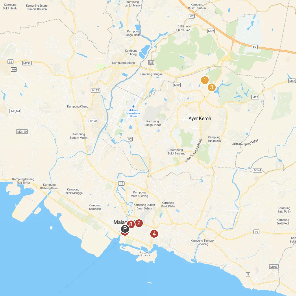 Malacca, Melaka, Malaysia map with numbered points of interest