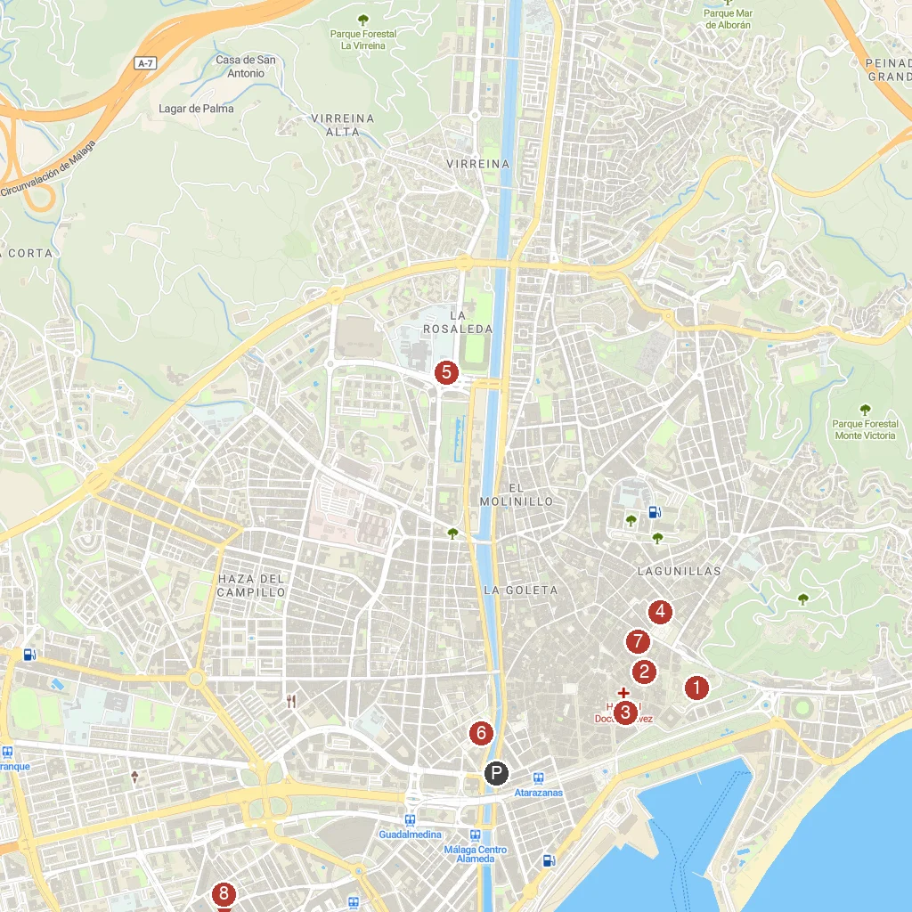 Málaga, Andalusia, Spain map with numbered points of interest