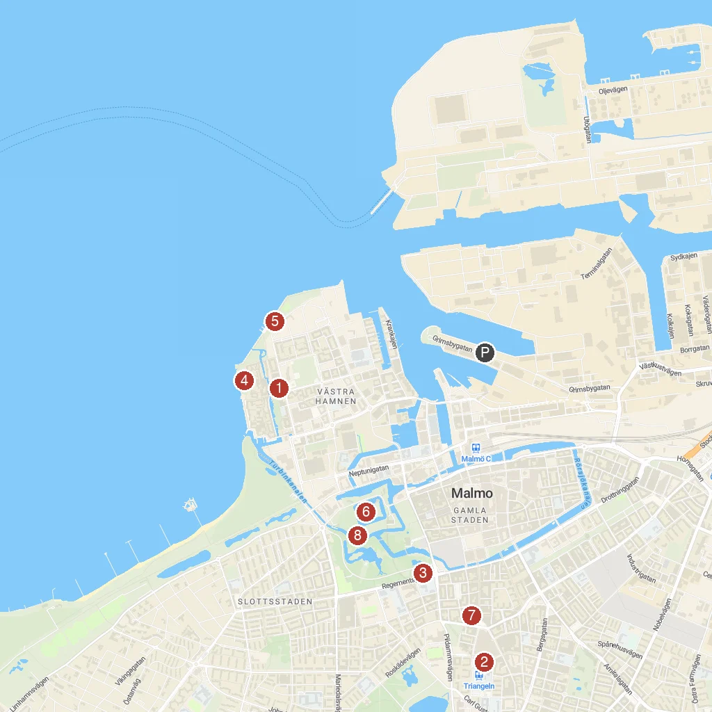 Malmö, Skåne, Sweden map with numbered points of interest