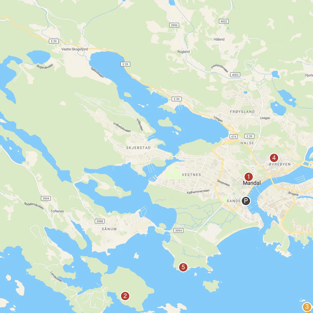 Mandal, Agder, Norway map with numbered points of interest