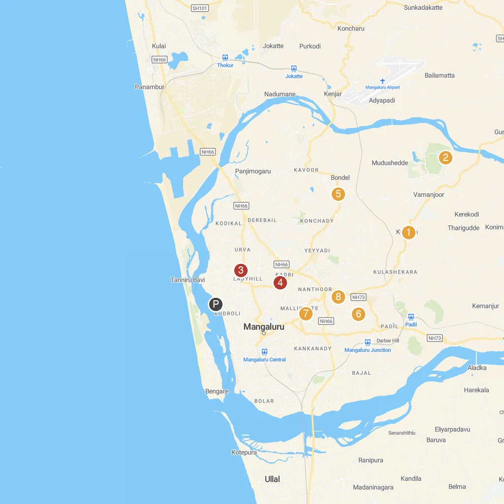 Mangalore, Karnataka, India map with numbered points of interest