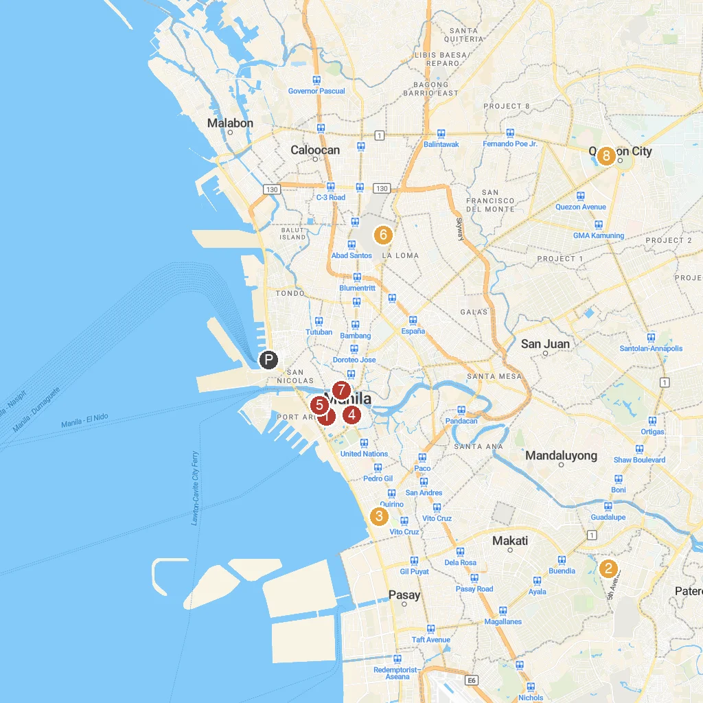 Manila, Metro Manila, Philippines map with numbered points of interest