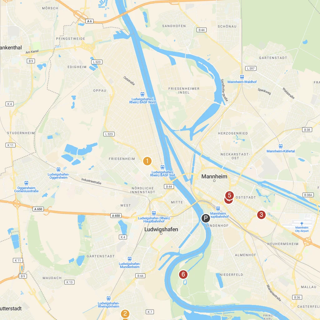 Mannheim, Baden-Württemberg, Germany map with numbered points of interest