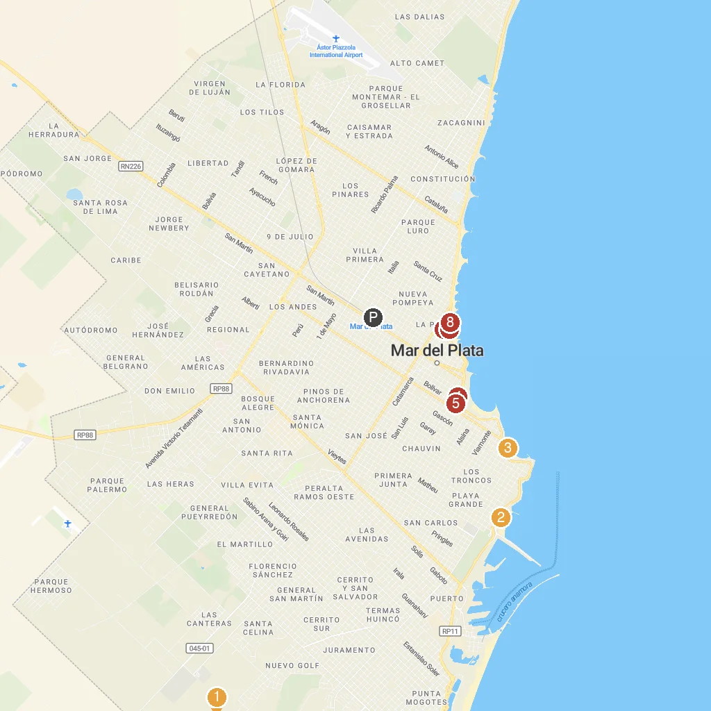 Mar del Plata, Buenos Aires Province, Argentina map with numbered points of interest