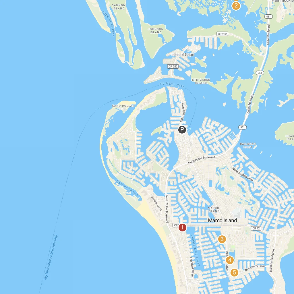 Marco Island, Florida, USA map with numbered points of interest