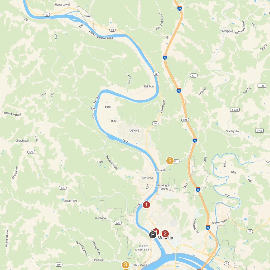 Marietta, Ohio, USA map with numbered points of interest