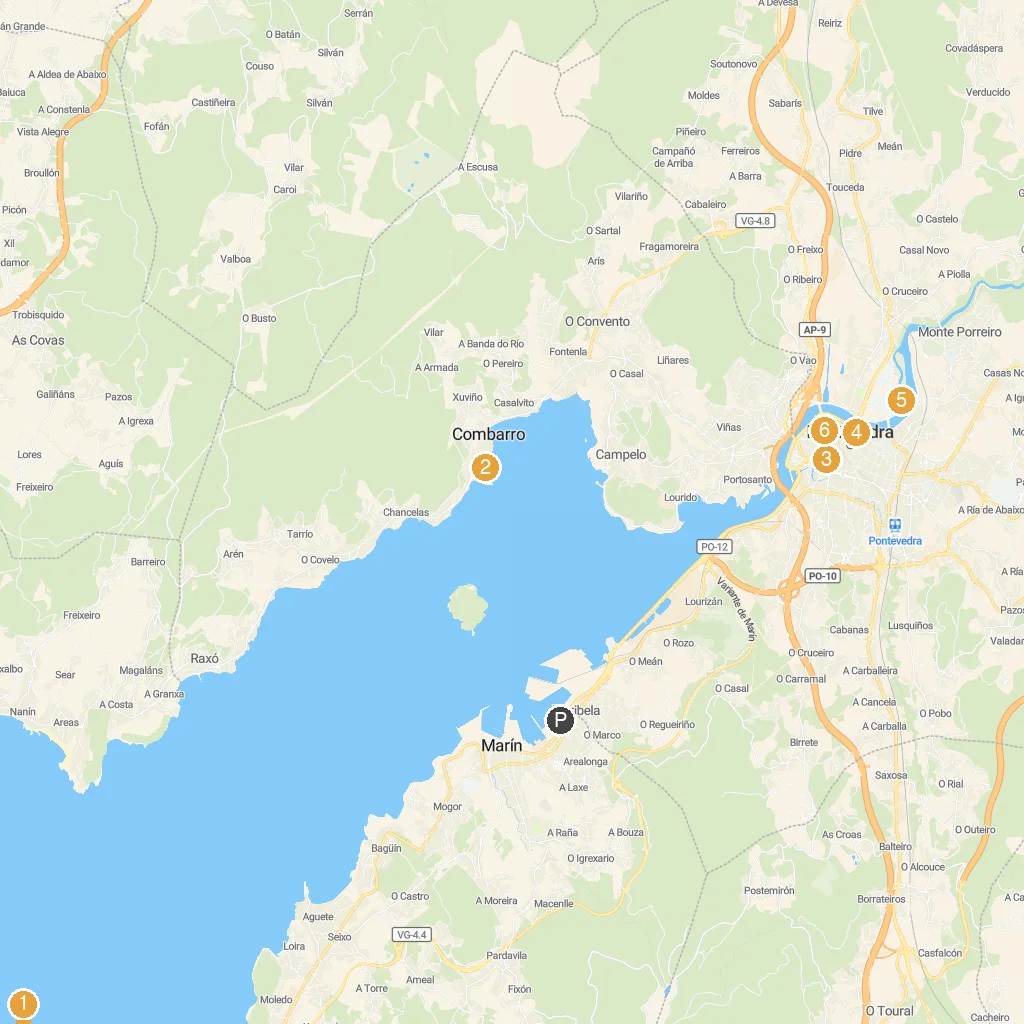 Marín, Galicia, Spain map with numbered points of interest