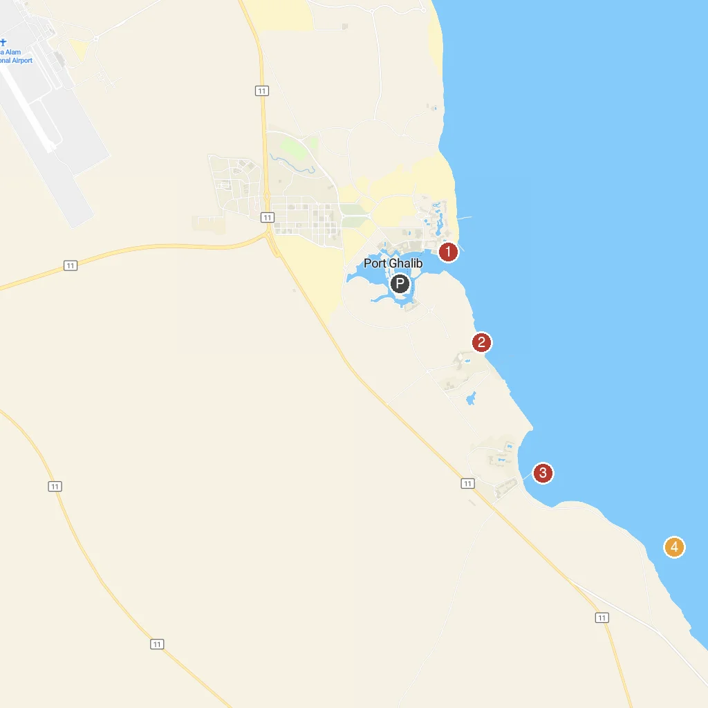 Port Ghalib, Red Sea, Egypt map with numbered points of interest