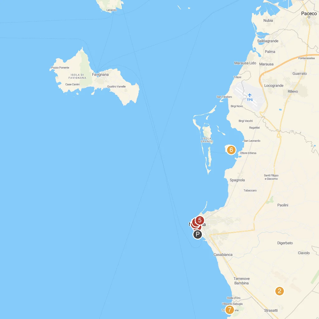 Marsala, Sicily, Italy map with numbered points of interest