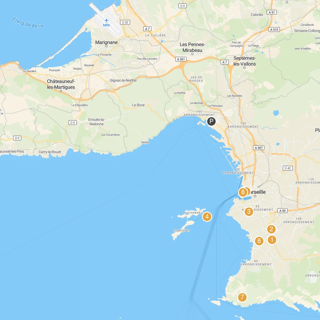 Marseille, Provence, France map with numbered points of interest