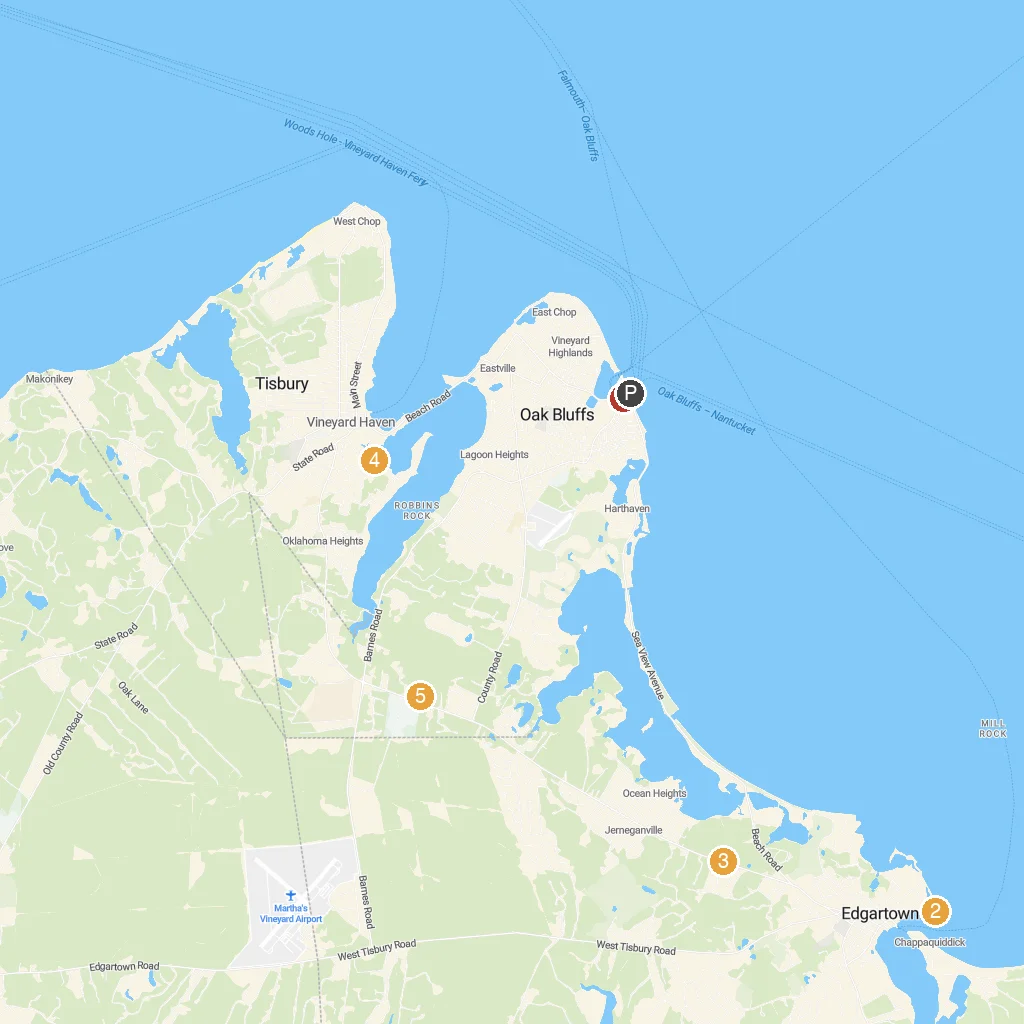 Martha's Vineyard, Massachusetts, USA map with numbered points of interest