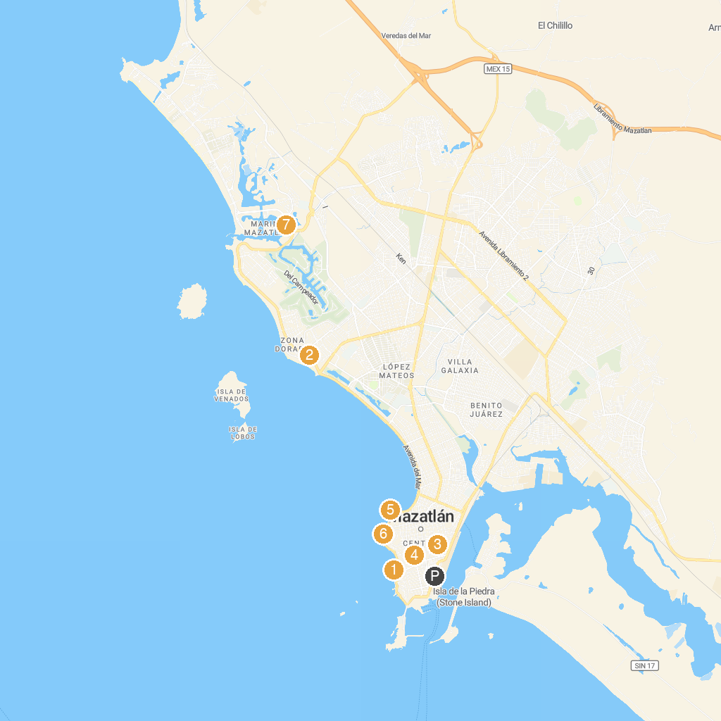 Mazatlán, Sinaloa, Mexico map with numbered points of interest