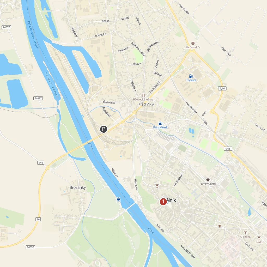 Mělník, Czech Republic map with numbered points of interest