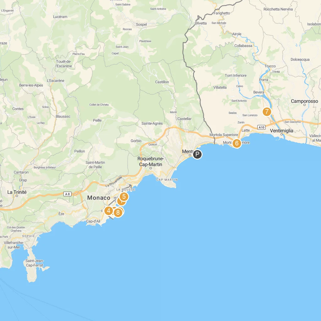 Menton, French Riviera, France map with numbered points of interest