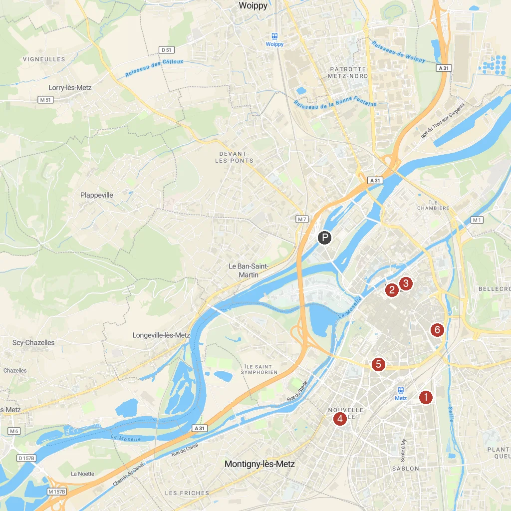 Metz, Grand Est, France map with numbered points of interest