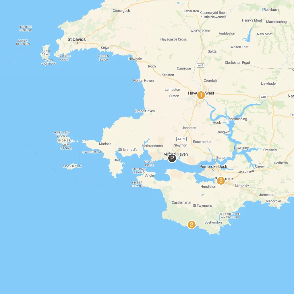 Milford Haven, Pembrokeshire, Wales map with numbered points of interest