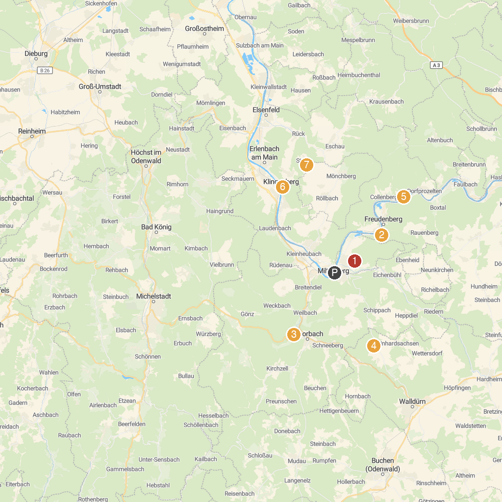 Miltenberg, Bavaria, Germany map with numbered points of interest