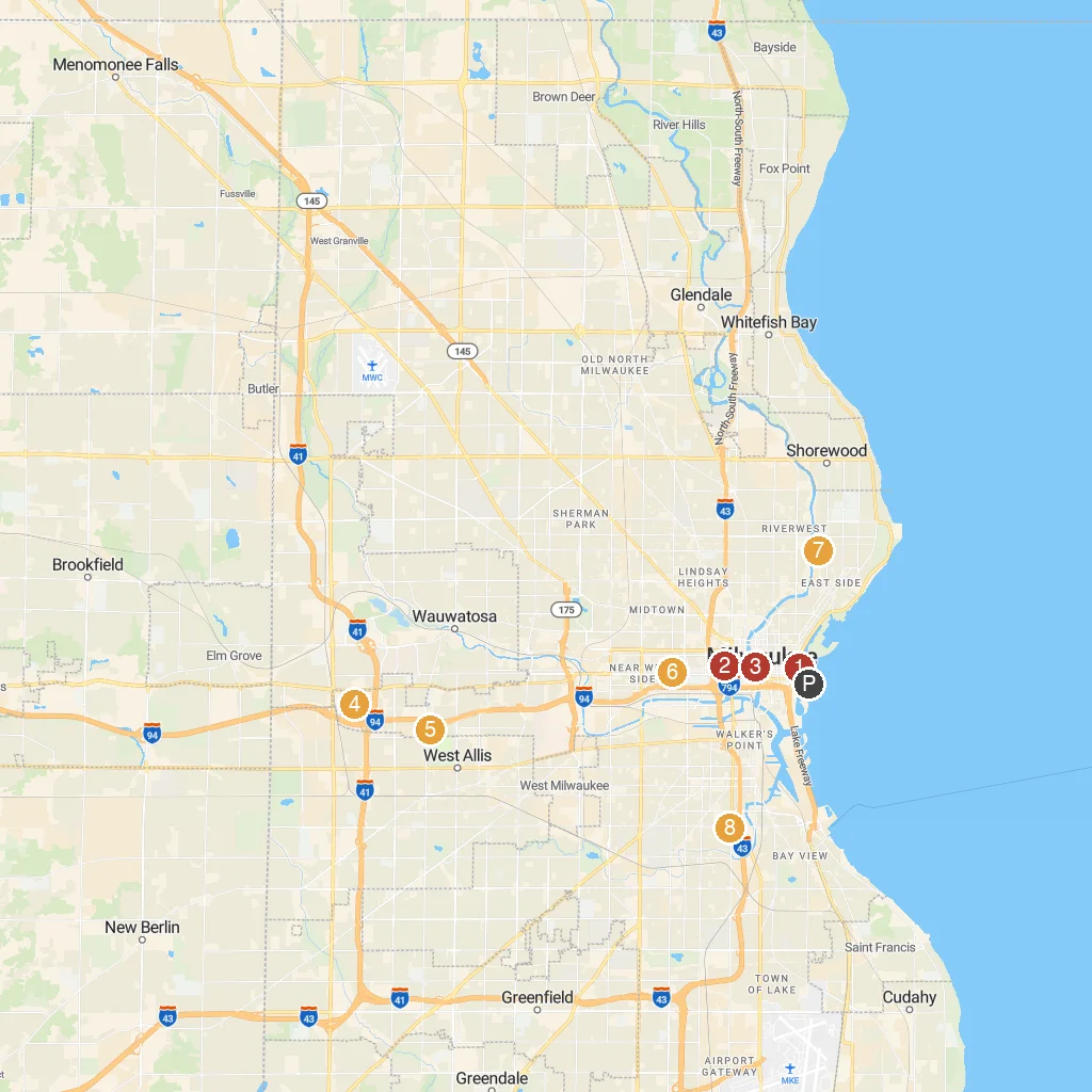 Milwaukee, Wisconsin, USA map with numbered points of interest