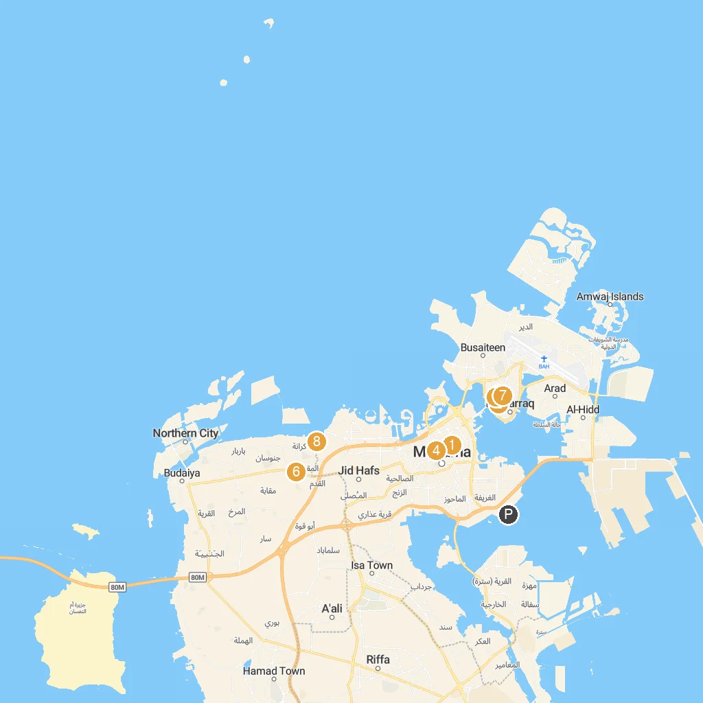 Manama, Bahrain map with numbered points of interest