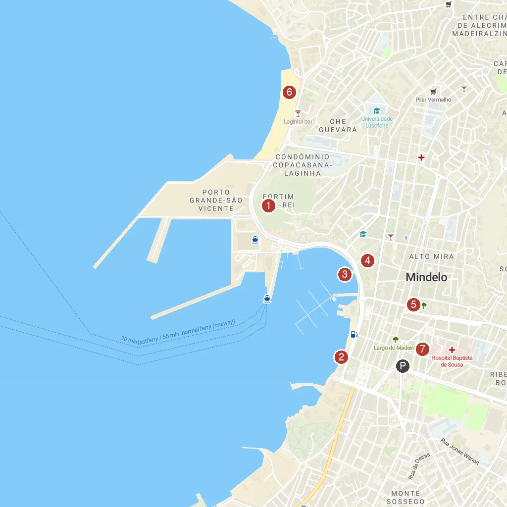 Mindelo, Cape Verde map with numbered points of interest