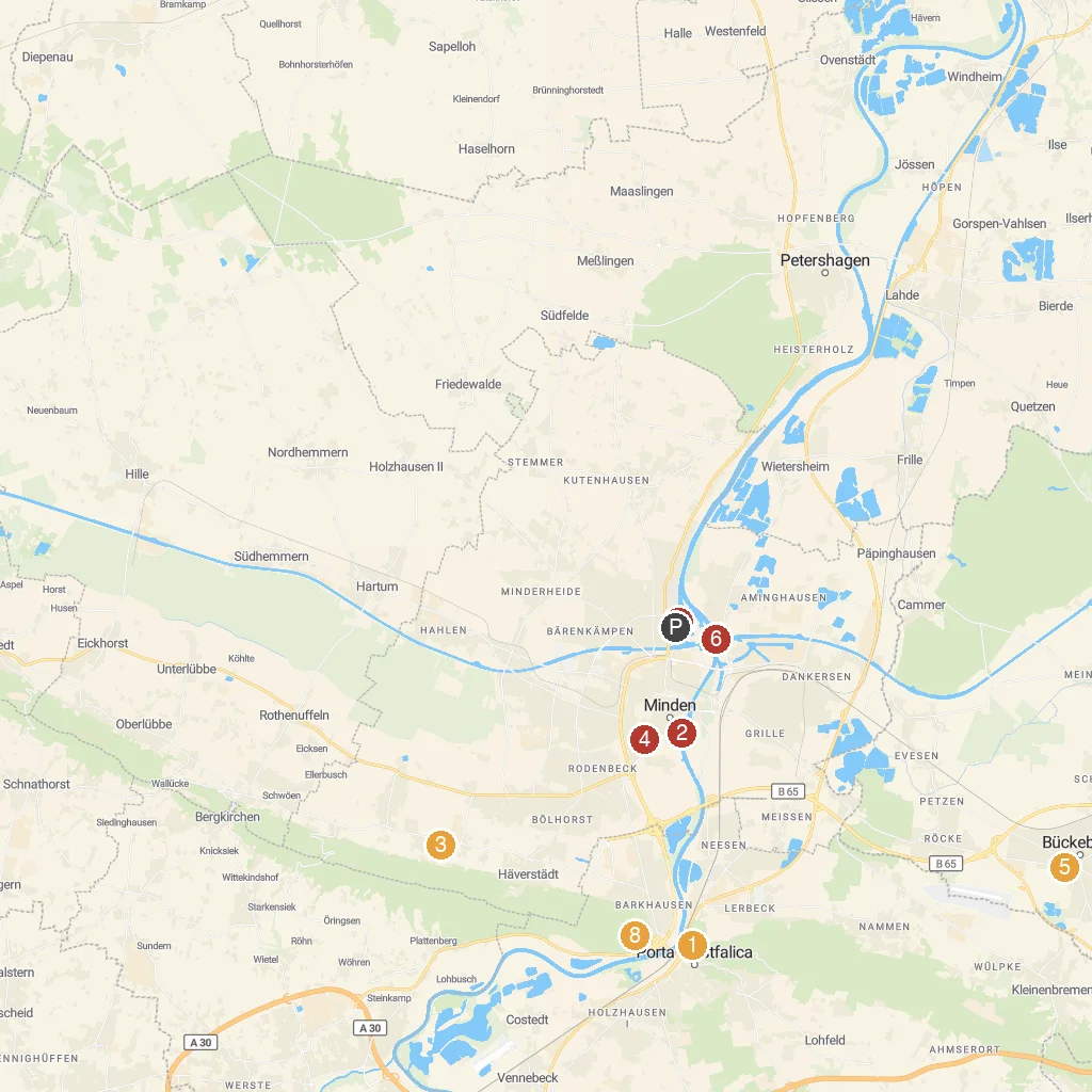 Minden, North Rhine-Westphalia, Germany map with numbered points of interest