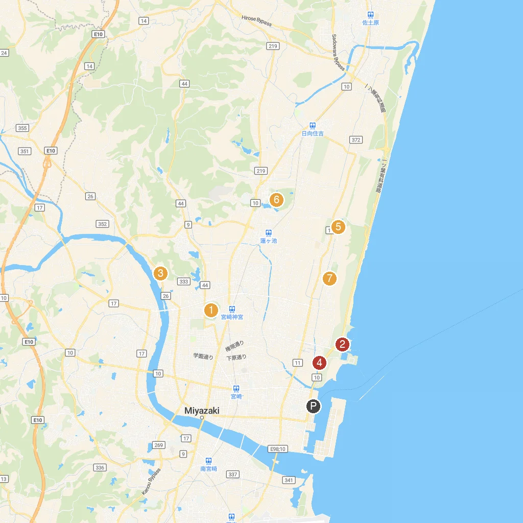 Miyazaki City, Miyazaki Prefecture, Japan map with numbered points of interest