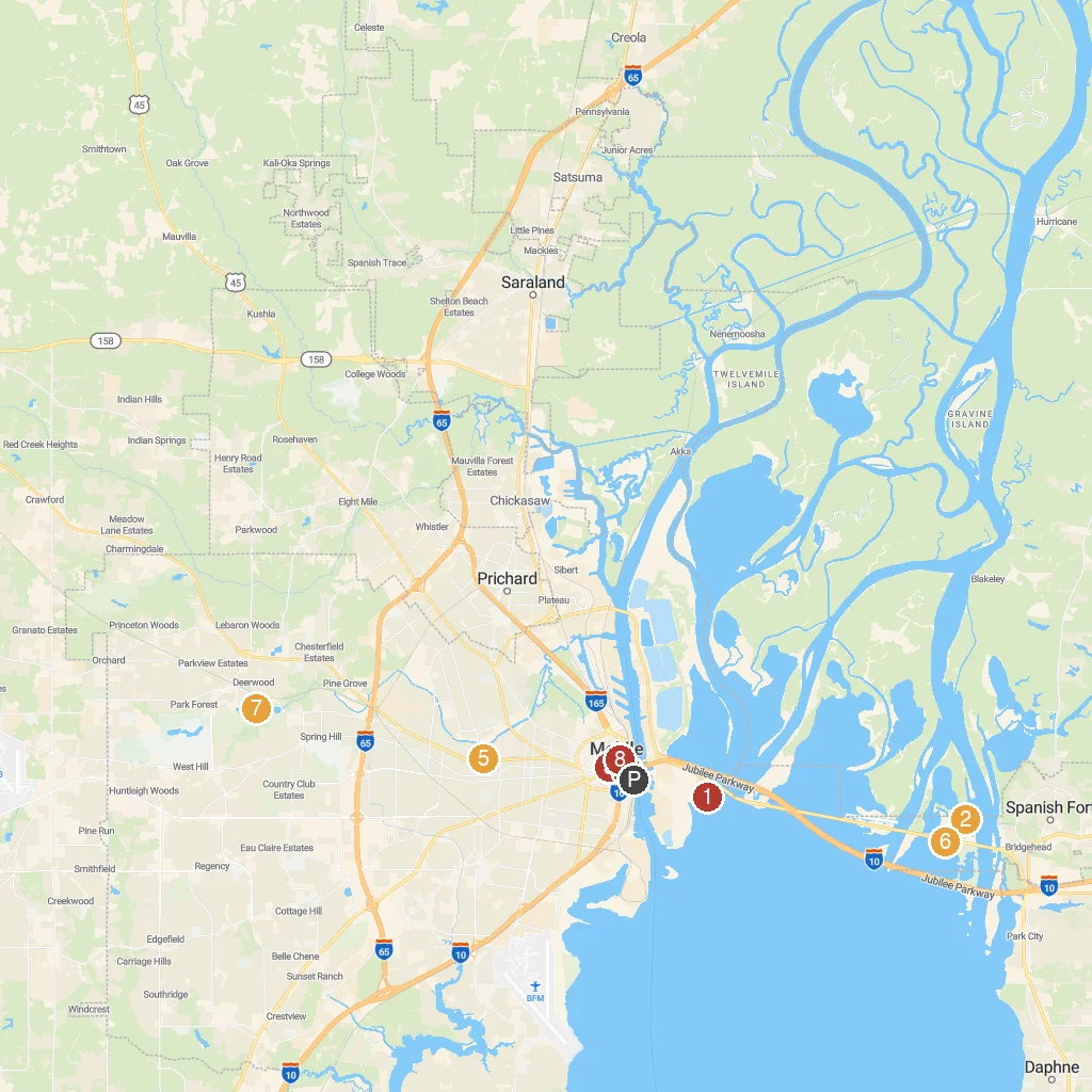 Mobile, Alabama, USA map with numbered points of interest